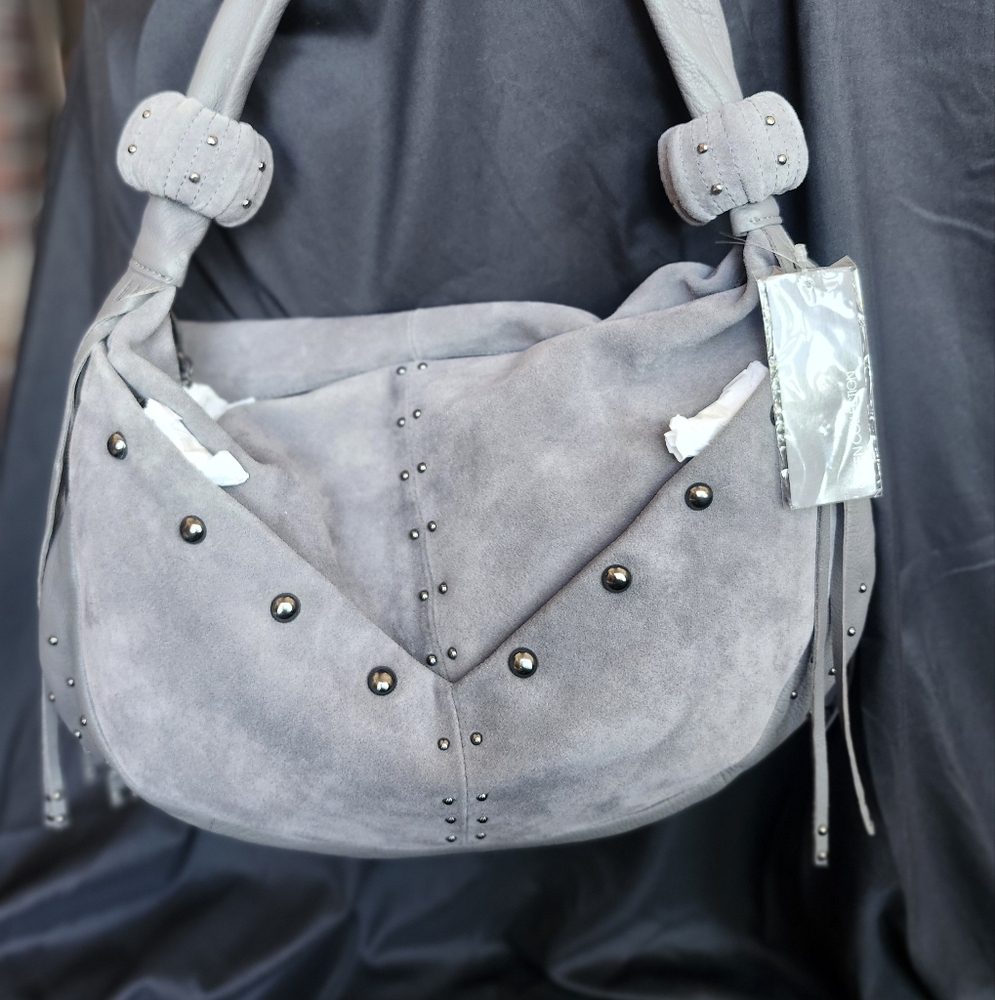 Chic Gray Suede and Leathrr Studded Women's Hobo Bag By QUEEN Collection.